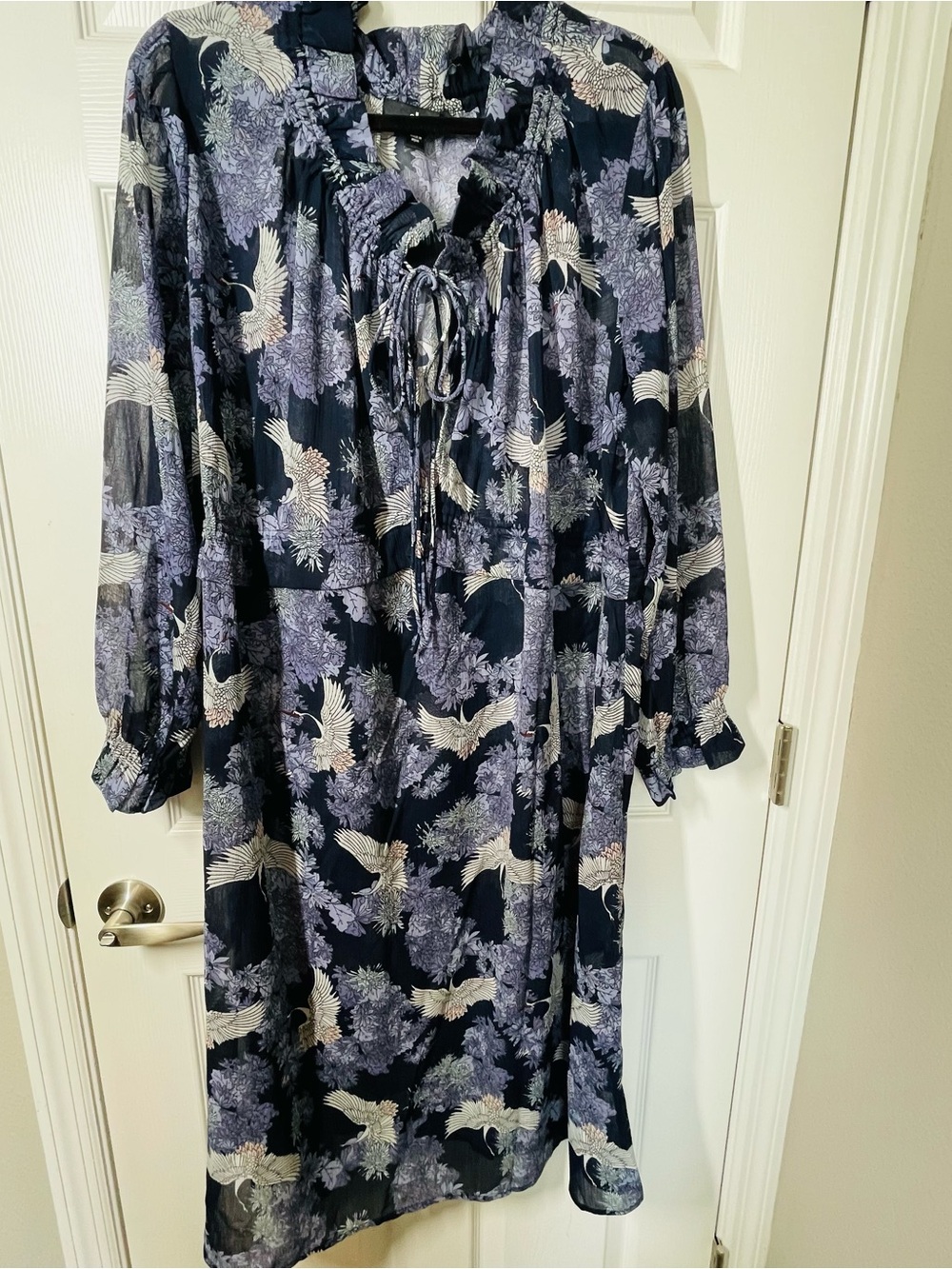 ellos Navy Floral & Crane Tie-Neck Long Sleeve Dress